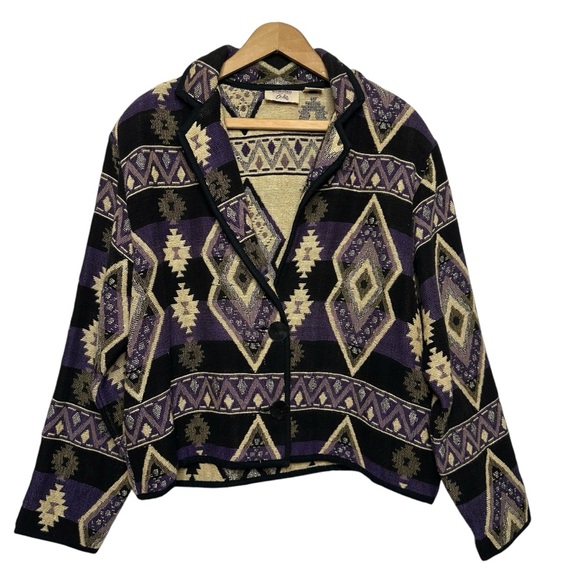 Vintage Jackets & Blazers - Vintage 90s Fiorlini Black Purple Print 100% Cotton Aztec Woven Blazer Jacket